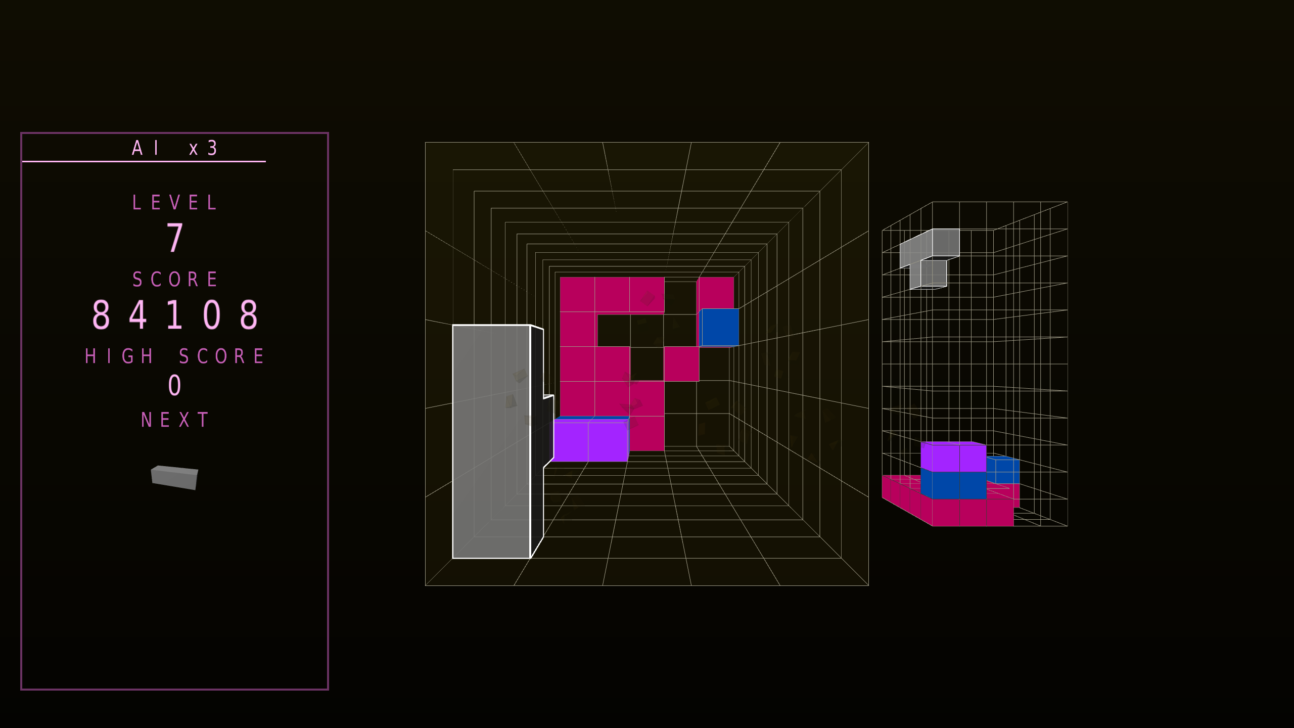 Voxis Pit screenshot — Level 7. Layers keep the colour of their depth, whichever piece filled them.