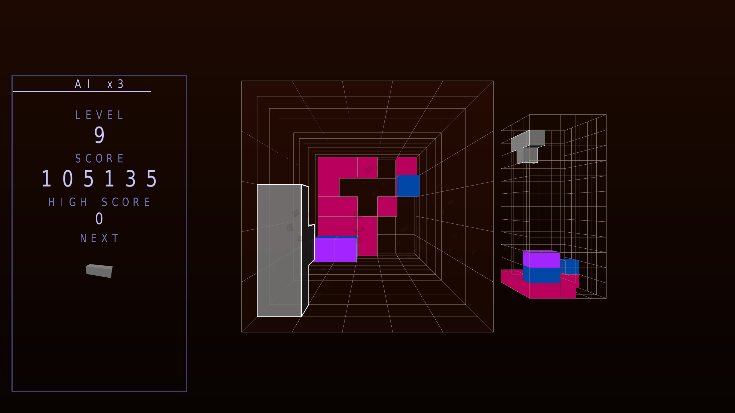 Voxis Pit screenshot — Level 9, past a hundred thousand points. The falling piece shows on the gauge too, before it lands.