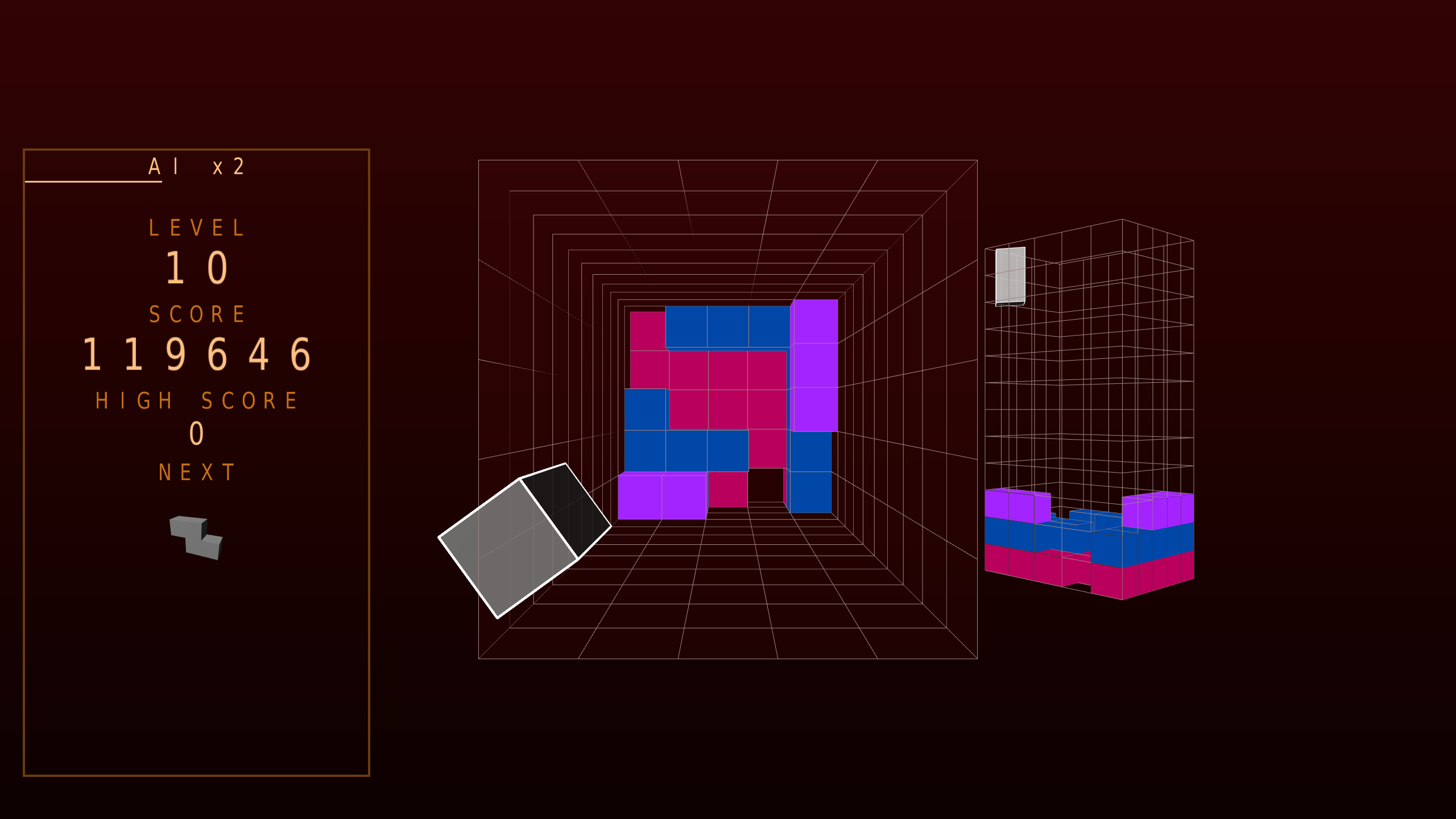 Voxis Pit screenshot — Level 10, ember: the last level, and the fastest. Since level one the background has warmed from blue to red.